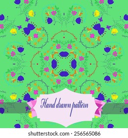 Circular pattern of colored floral motif, text, bouquets, butterflies, label on a pale green  background. Hand drawn.