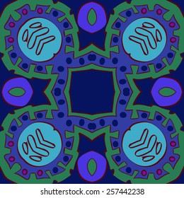 Circular pattern of colored floral motif on a dark blue    background. Hand drawn.