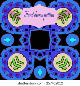 Circular pattern of colored floral motif, label on a  black    background. Hand drawn.
