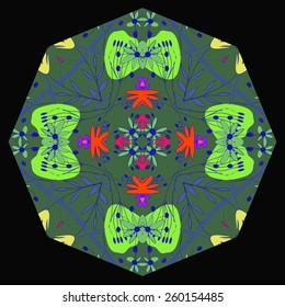 Circular pattern of colored floral motif, branches, leaves. Hand drawn.