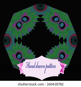 Circular pattern of colored floral motif, label. Hand drawn.