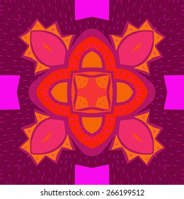 Circular  pattern of colored floral motif, doodles, stamens, flowers. Hand drawn.
