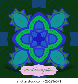 Circular  pattern of colored floral motif, doodles, stamens, flowers, label. Hand drawn.