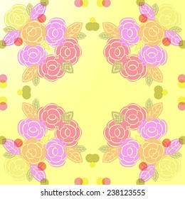 Circular  pattern of colored floral motif,rose flowers on a light yellow gradient  background. Handmade.