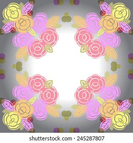 Circular   pattern of colored floral motif,rose flowers  on a gradient gray  background. Hand drawn.