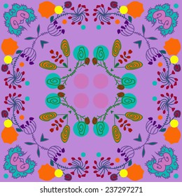 Circular  pattern of colored floral motifs   on a pale purple background. Handmade.
