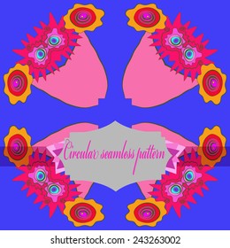 Circular  pattern of colored floral motifs, ellipses, spirals, label, text  on a blue  background. Hand drawn. 