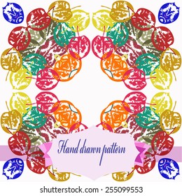 Circular   pattern of colored floral motifs, autumn leaves , label  on a white   background. Hand drawn.