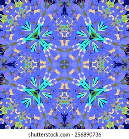 Circular pattern of colored floral motifs on a dark blue   background. Hand drawn.