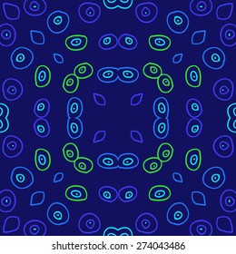 Circular  pattern of colored motif, doodles, ellipses, bagels. Hand drawn.