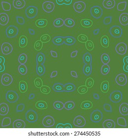 Circular  pattern of colored motif, doodles, ellipses, bagels. Hand drawn.