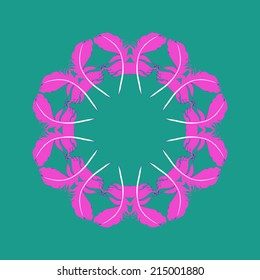 Circular pattern of colored pink feathers in an azure background. 