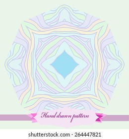 Circular pattern of colored striped motif, star, label.Hand drawn.