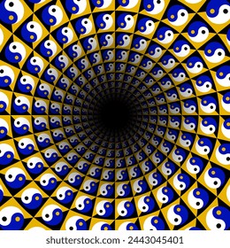 Circular pattern of colored Yin-Yang symbols. It seems that they spin slowly around black hole. Optical illusion background for music party poster design.