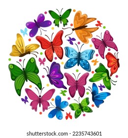 Circular pattern with colorful butterflies vector illustration. Collection of cartoon drawings of beautiful insects with wings isolated on white background. Nature, spring, biology, beauty concept