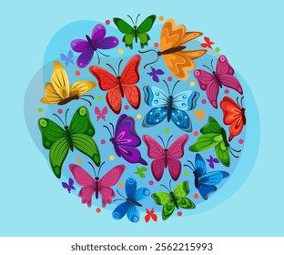 Circular pattern with colorful butterflies vector illustration. Collection of cartoon drawings of beautiful insects with wings on abstract background. Nature, spring, biology, beauty concept