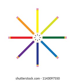 a circular pattern with colorful rainbow pencils with eraser on the tip