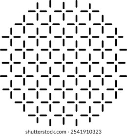 Um padrão circular é composto por pequenos traços pretos uniformemente espaçados dispostos em uma formação de grade, criando um sinal de adição repetitivo ou motivo cruzado.