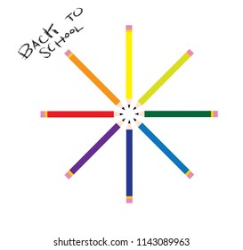 a circular pattern consisting of rainbow colored pencils with eraser on tip with back to school hand written typography 
