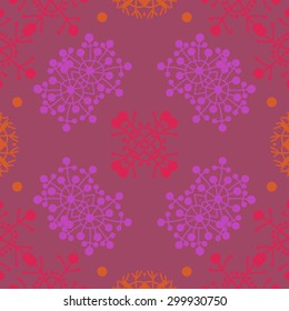 Circular  pattern of decorative motif, doodles,snowflakes, ellipses. Hand drawn, winter theme.