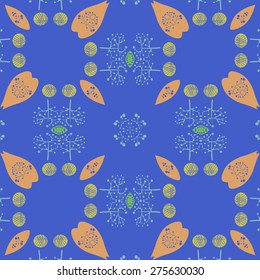 Circular   pattern of decorative motif, spots, leaves, twigs. Handmade.