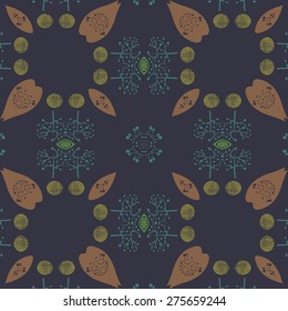 Circular   pattern of decorative motif, spots, leaves, twigs. Handmade.