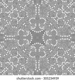 Circular   pattern of delicate floral motif, branches, spirals, stars, doodle, ellipses, leaves. Hand drawn.
