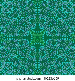 Circular   pattern of delicate floral motif, branches, spirals, stars, doodle, ellipses, leaves. Hand drawn.