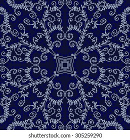 Circular   pattern of delicate floral motif, branches, spirals, stars, doodle, ellipses, leaves. Hand drawn.