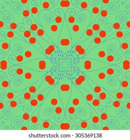 Circular   pattern of delicate floral motif,  spirals, stars, doodles, ellipses. Hand drawn.