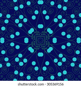 Circular   pattern of delicate floral motif,  spirals, stars, doodles, ellipses. Hand drawn.