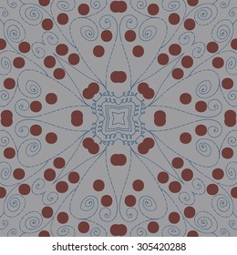 Circular   pattern of delicate floral motif,  spirals, stars, doodles, ellipses. Hand drawn.