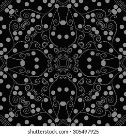 Circular   pattern of delicate floral motif,  spirals, branches, doodles, ellipses. Hand drawn.
