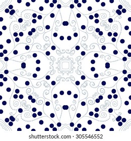 Circular   pattern of delicate floral motif,  spirals, branches, doodles, ellipses. Hand drawn.
