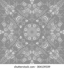 Circular   pattern of delicate floral motif,flowers,spirals, leaves, ellipses. Hand drawn.