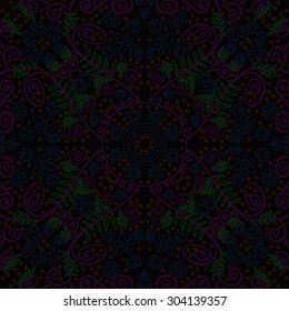 Circular   pattern of delicate floral motif,flowers,spirals, leaves, ellipses. Hand drawn.