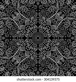 Circular   pattern of delicate floral motif,flowers,spirals, leaves, ellipses. Hand drawn.
