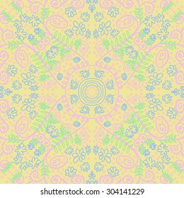 Circular   pattern of delicate floral motif,flowers,spirals, leaves, ellipses. Hand drawn.