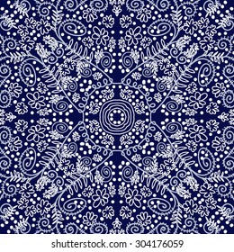 Circular   pattern of delicate floral motif,flowers,spirals, leaves, ellipses. Hand drawn.