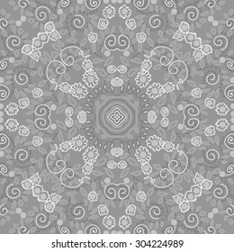 Circular   pattern of delicate floral motif,flowers,spirals, leaves, stars, waves. Hand drawn.