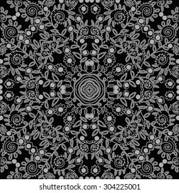Circular   pattern of delicate floral motif,flowers,spirals, leaves, stars, waves. Hand drawn.