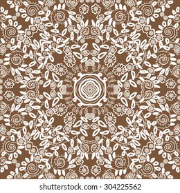 Circular   pattern of delicate floral motif,flowers,spirals, leaves, stars, waves. Hand drawn.