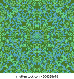 Circular   pattern of delicate floral motif,flowers,spirals, leaves, stars, waves. Hand drawn.