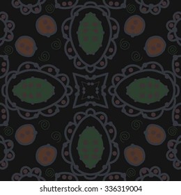 Circular pattern  of delicate motif,hole,  spots, spirals, stars,  ellipses. Hand drawn.