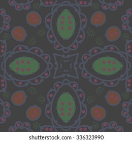Circular pattern  of delicate motif,hole,  spots, spirals, stars,  ellipses. Hand drawn.