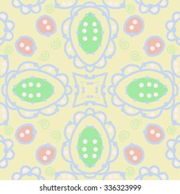 Circular pattern of delicate motif,hole,  spots, spirals, stars,  ellipses. Hand drawn.