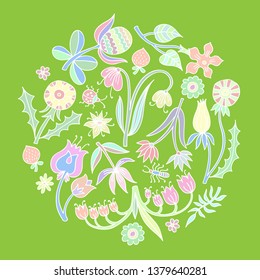 Circular pattern of delicate spring flowers on a green background.