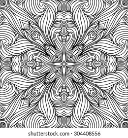 Circular   pattern of delicate striped motif, stripes, spirals, stars, waves, hole. Hand drawn.