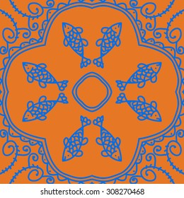 Circular   pattern of delicate striped motif, stripes,  waves, doodles, spirals, fishes. Hand drawn.