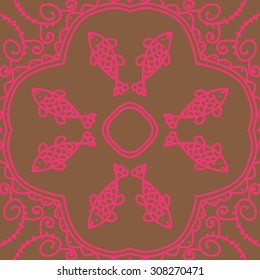 Circular   pattern of delicate striped motif, stripes,  waves, doodles, spirals, fishes. Hand drawn.
